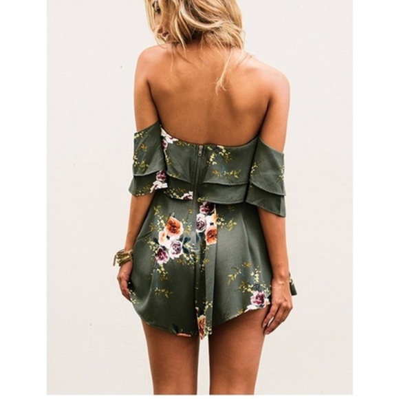 Green Floral Romantic Romper Off Shoulder Ruffle - Picture 2 of 4
